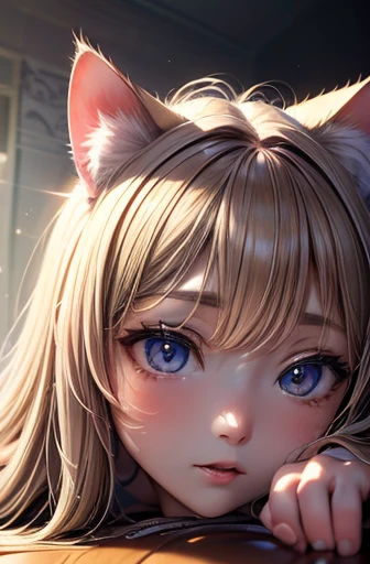 masterpiece, 最high quality, ,((((A cat is sitting on the head of a girl lying face down)))),(((Girl looking up at cat))),((Close-up)), Beautiful details, Beautiful and detailed nose, Beautiful and sophisticated mouth, very fine fur, Soft and fluffy, Adorab...