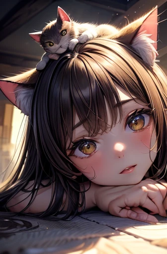 masterpiece, 最high quality, ,((((A cat is sitting on the head of a girl lying face down)))),(((Girl looking up at cat))),((Close-up)), Beautiful details, Beautiful and detailed nose, Beautiful and sophisticated mouth, very fine fur, Soft and fluffy, Adorab...