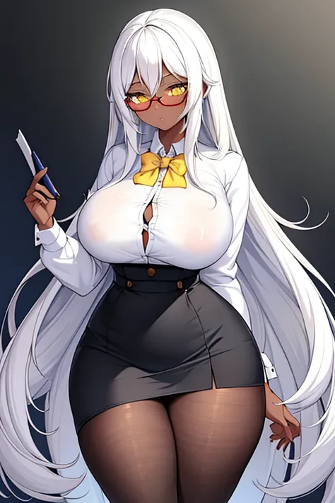 1girl, dark skin, white hair, long hair, yellow eyes, thick thighs, large breasts, white shirt, button shirt, skirt, pencil skirt, pantyhose, teacher, classroom, glasses, mature female, hourglass figure,