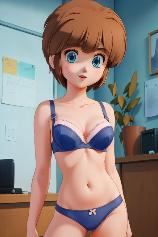 1 girl, with short hair and blue eyes, young looking, wearing bra and panties, Portait photo. 3d cartoon with accurate proportions,