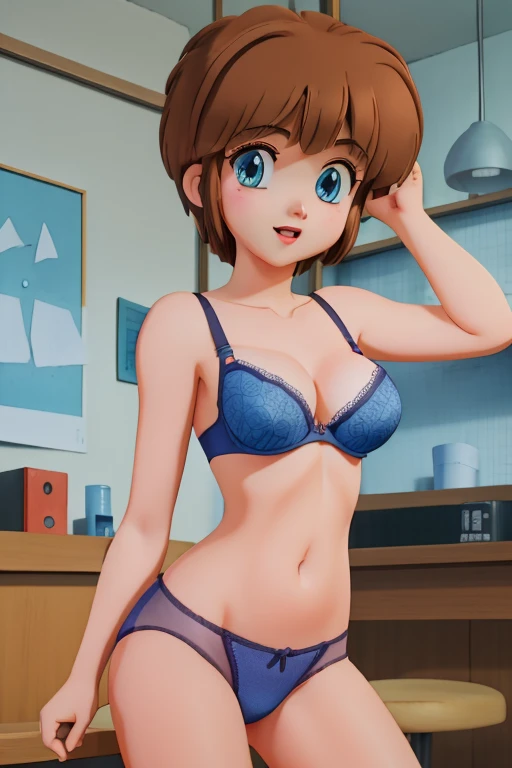 1 girl, with short hair and blue eyes, young looking, wearing bra and panties, Portait photo. 3d cartoon with accurate proportions,