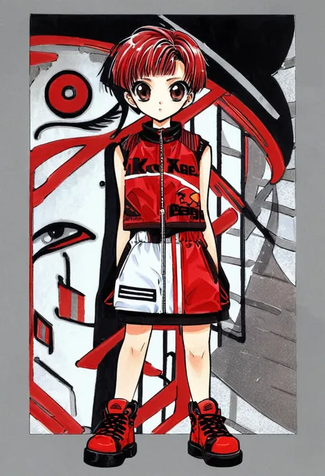 cute 12-years-old chinese kid girl, red clothes and acessories, sleeveless, short haircut, sporty fashion style, high detailed, 4K, front view, full body, CLAMP art style