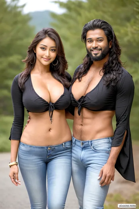 HD wallpaper 32k cinematic shoot of a Beautiful cute Pooja Hegde, with thick thighs and a slim waist,  wearing a Full sleeve top, jeans pants, ((smiling)), ((slim waist)), ((lowwaist)), ((open neckline)), ((boobs)), ((standing beside a man)), ((standing be...