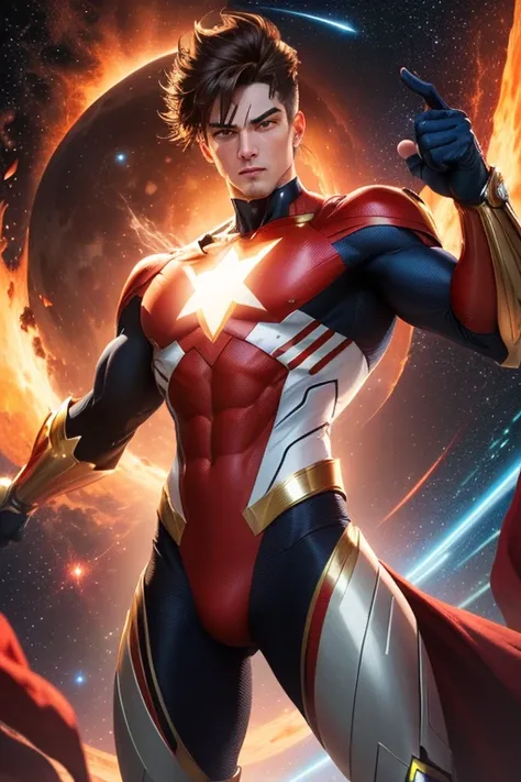 A superhero in a superhero outfit with red and gold details a letter w on the chest, he is tall 1.84 cabelos castanhos avermelhados, olhos castanhos escuro avermelhados, power to manipulate matter light skin (very detailed image red moon in the background ...