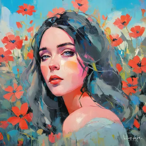 Create a contemporary portrait of a person in the expressive and painterly style of Malcolm Liepke, utilizing a palette of light pink, muted blue, dark grayish blue, bright blue, very dark gray, and light grayish blue. The portrait should feature a close-u...