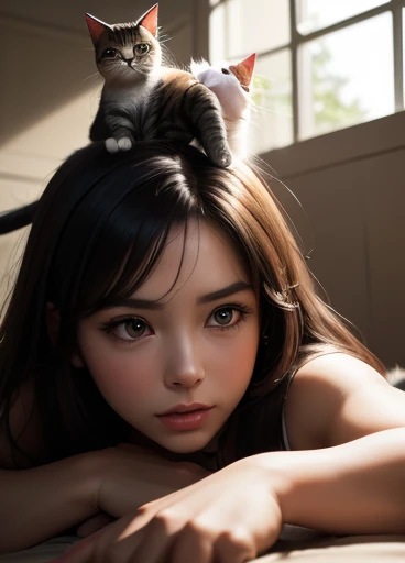 masterpiece, 最high quality, ,((((a cat is sitting on the head of a girl lying face down)))),(((girl looking up at cat))),((close...