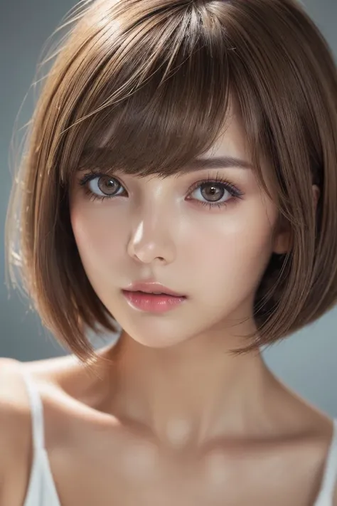  (Clear focus: 1.2), 1 girl,(Close-up of face:1.4) ((Light brown hair, Asymmetrical short bob cut: 1.3)), The bangs are swept behind the ears, Slim face, Fine Eyes, double eyelid, Exposed cleavage, Unbelievably absurd, Floating Hair,((Realistic lighting, h...