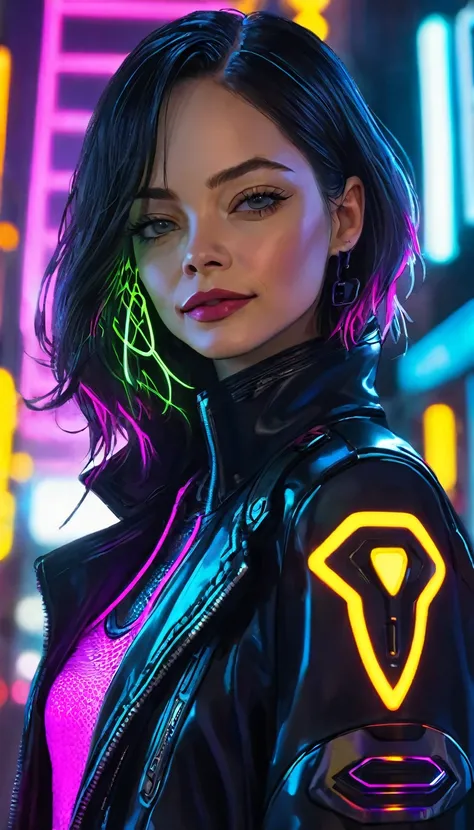 hiper nitido, hiper detallado, A closeup of Kristin Kreuk in a neon suit, Ambiente ciberpunk, cyberpunk with neon lights, Luz cyberpunk brillante, agachada,Vibraciones ciberpunk, cyberpunk lighting, estilo ciberpunk, neon cyberpunk style, en el estilo cybe...