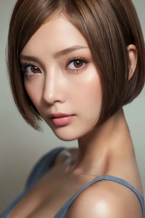  (Clear focus: 1.2), 1 girl,(Close-up of face:1.4) ((Light brown hair, Asymmetrical short bob cut: 1.3)), Leaning forward and looking into the camera, Slim face, Fine Eyes, double eyelid, Exposed cleavage, Unbelievably absurd, Floating Hair,((Realistic lig...