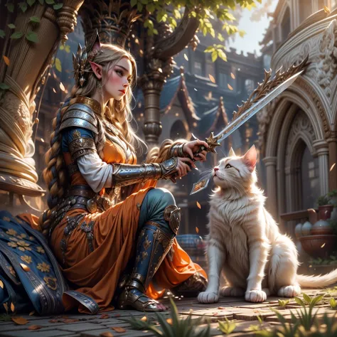 (one person with a cat) (hyperrealistic) (masterpiece) (4k) one adult female elf with dark blonde hair, forehead, wearing medieval clothes and silver armor playing with a big orange-white cat with orange-green eyes, medieval nature background, sword, books...