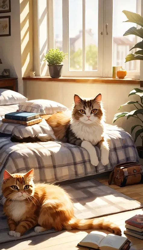 a beautiful and fluffy cat, lying on a bed, with cat-shaped pillows, sunlight streaming through a window, a nightstand with book...