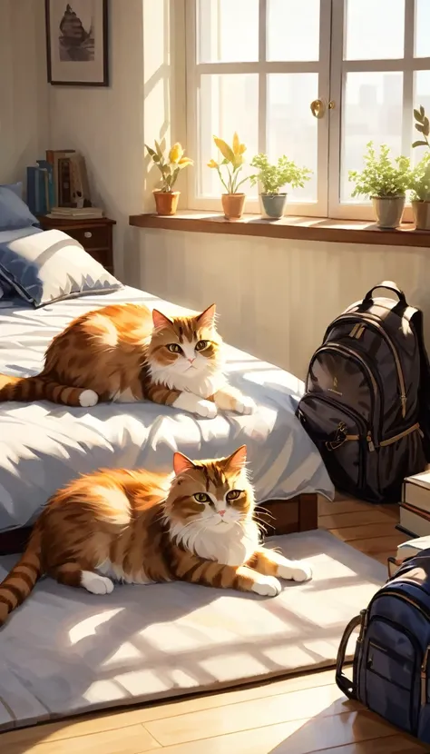 a beautiful and fluffy cat, lying on a bed, with cat-shaped pillows, sunlight streaming through a window, a nightstand with book...