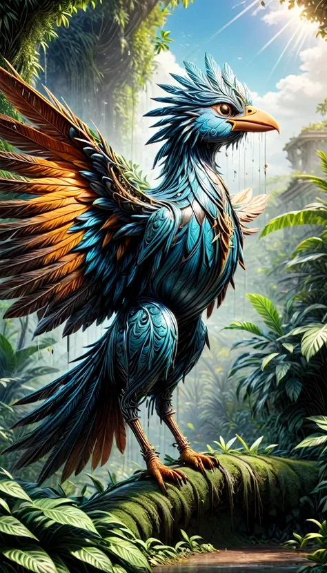 1 exotic mechanical bird, detailed colorful feathers, tropical jungle, dense foliage, blurred background, sun rays (best quality...