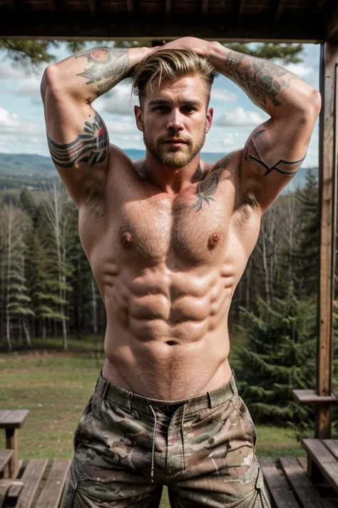 ((best quality)), ((masterpiece)), (detailed),male, perfect face,blonde beard, tattooed, ripped, army officer, showcasing perfect biceps, veins popping, sweaty muscles, Bodybuilder size,perfect sixpack abs, broad strong chest, wearing army camo pants, wear...