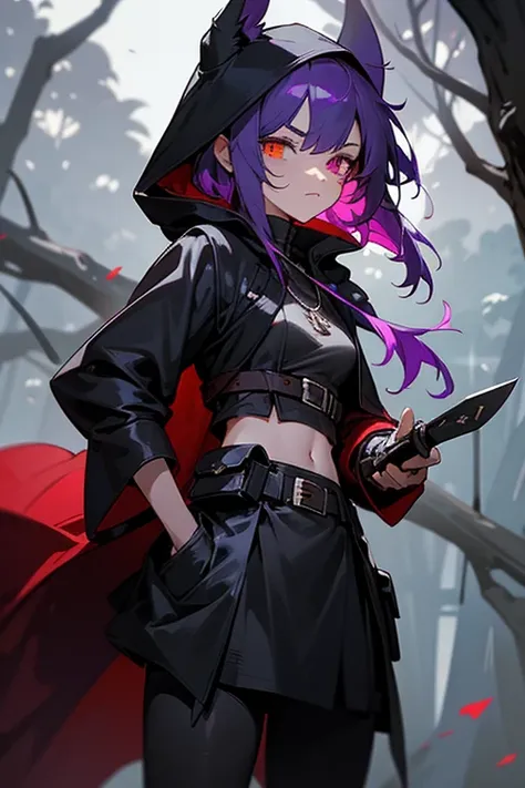 Race: Tiefling Gender: Female Age: 19 Height: 5’4 Hair: Long black and messy Eye Color: Right eye Red, Left eye Purple Personally: Aloof Traits: Calm, Lone wolf, Daring, Hard to spot, Very attractive, fun, Handy and Selfish Outfit: Black Short cloak with h...