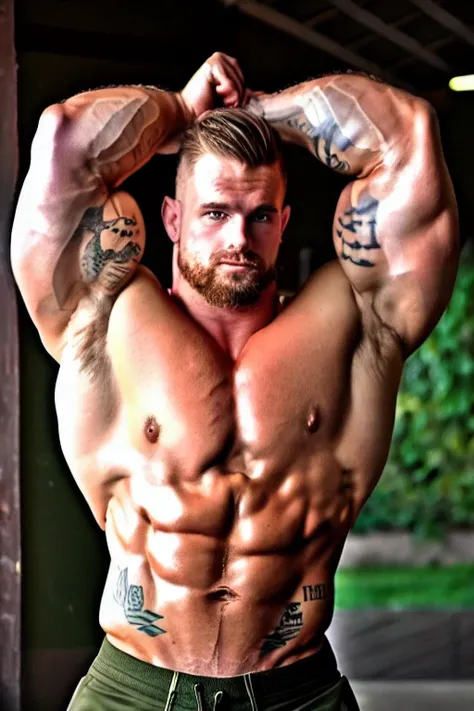 ((best quality)), ((masterpiece)), (detailed),male, perfect face,blonde beard, tattooed, ripped, army officer, showcasing perfect biceps, veins popping, sweaty muscles, Bodybuilder size,perfect sixpack abs, broad strong chest, wearing army camo pants, wear...