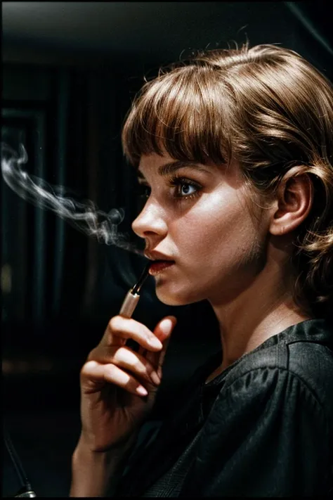 hyperrealistic photo of sharp detail, a young girl smoking a cigarette in a dark room cinematic vintage hollywood film style, ex...