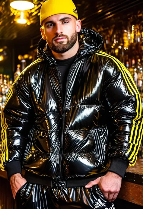 Graffiti urban style, portrait of medium body of two:chav guys handsome 30 year old Chavs, muscular and athletic, inside a bar in London, more scally men in the background, with beard, full yellow leather cap "adidas" in black shiny latex tracksuit, ((low ...