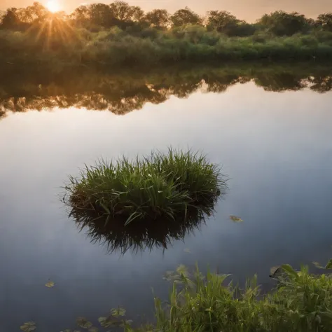 Crie uma imagem de capa para um canal do YouTube intitulado "Reflections of life". A imagem deve transmitir um senso de serenidade, introspection and inspiration. Use cores suaves e naturais, como tons de azul e verde, and include elements like a sunset, a...