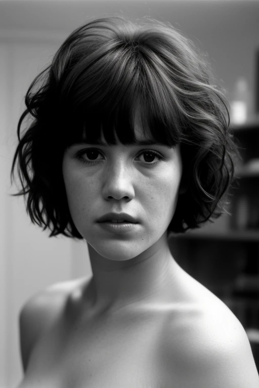 Nude eighteen-year-old Molly Ringwald, frowning, with messy/shaggy razored/layered haircut with sideswept bangs, laboratory setting, extremely realistic, extremely detailed, extreme realism, extreme detail, extremely accurate resemblance, specimen of human...