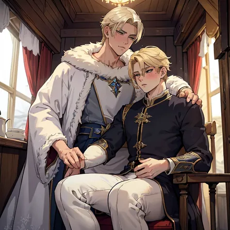 ((((2 male characters - a blond handsome ice king named arden ruling snowy lands wearing majest royal erotic clothes is sitting ...