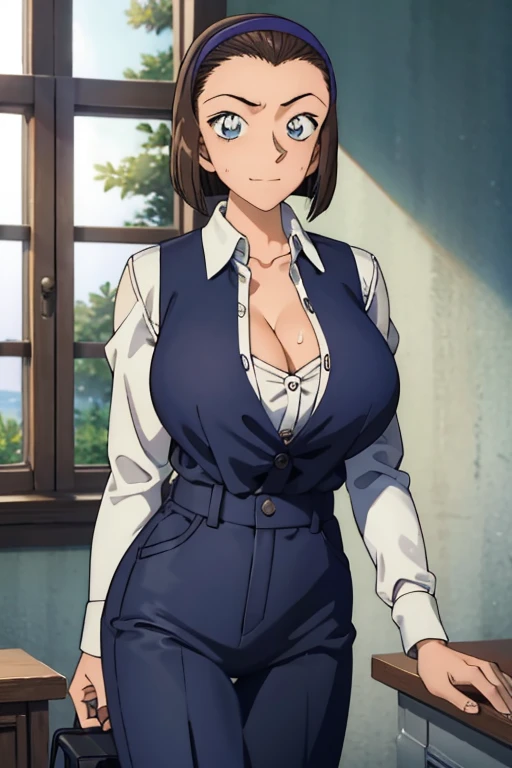 masterpiece, 16k, Japanese, 1 female ,60 years old ,(White Shirt Blouse、Cleavage:1.2) ,(Big Breasts:1.5) ,Cleavage ,Chubby, Realistic, double eyelid, Textured skin, 1080p, Canon, 8k, Very detailed, Accurate, highest quality、impatience、Sweat:1.5、blush、Embar...