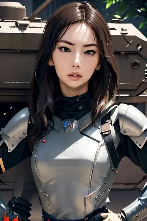 survival game、Heavy Armored Soldier、survival gameのフィールド、A beautiful girl is holding a firearm、head to waste、Vulcan cannon、m134 milligun、Material Rifle、heavy machine gun、