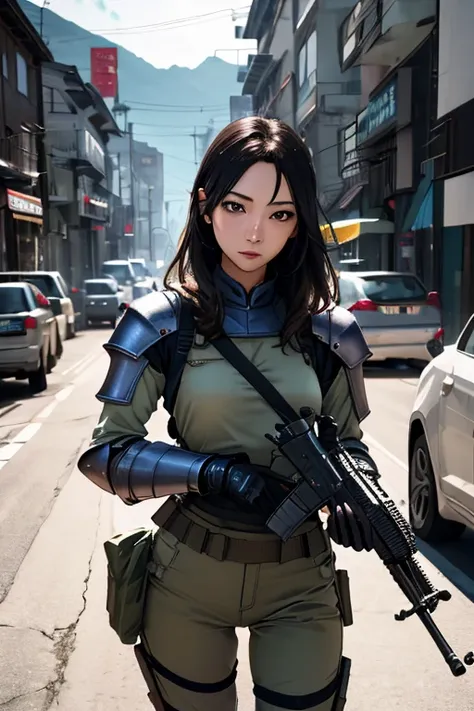 survival game、heavy armored soldier、survival gameのフィールド、a beautiful girl is holding a firearm、head to waste、vulcan cannon、m134 m...