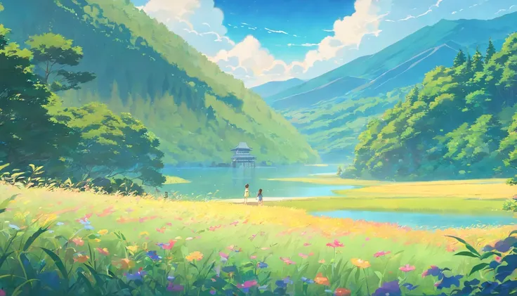 A beautiful Studio Ghibli animation in the summer with flowers, lakes, mystical creatures, tall grass, clouds, tall trees. 4k, highest quality