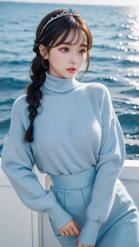 ＡＩBeauty、Highlight Color、Shorter than chin length、Glossy、With bangs、Braid、tiara、The perfect balance、Quite expensive、ＧCup or more、turtleneck、blouse、sweater、T-back、Heart pattern、Erotic、Light blue hairstyle、Ocean Prompt