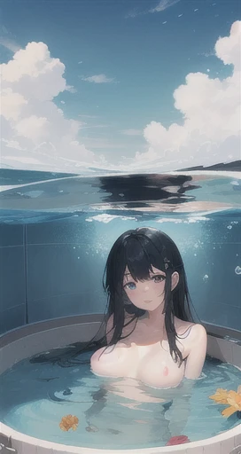 (masterpiece:1.0),(highest quality:1.0),Ultra-high resolution,Absurd,Very detailed,Swimming in the sea,A rich expression, One girl,alone,Long black hair,Large Breasts, Micro Bikini,whole body,summer,Taking a bath,水浴びでwhole bodyが濡れている,Topless,Beautiful nipp...