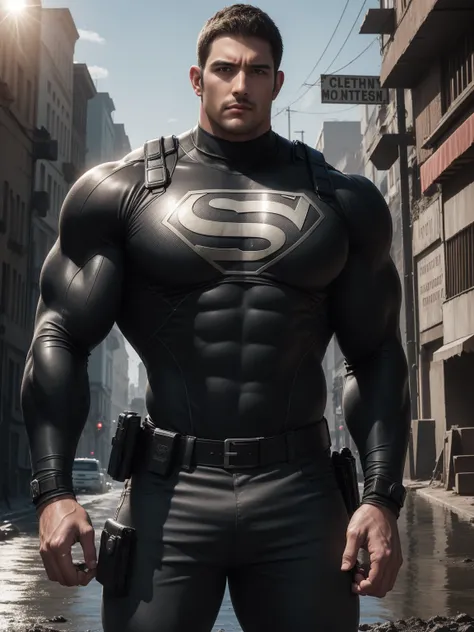 Angry super muscular man,  short hair，On a vintage outdoor street under the hot sun, Wear a long-sleeved drab grey superhero bodysuit, Body wrapped in mud，The clothes are dirty，There are mud stains，The expression is arrogant, Thick thighs, messy hair, Thic...