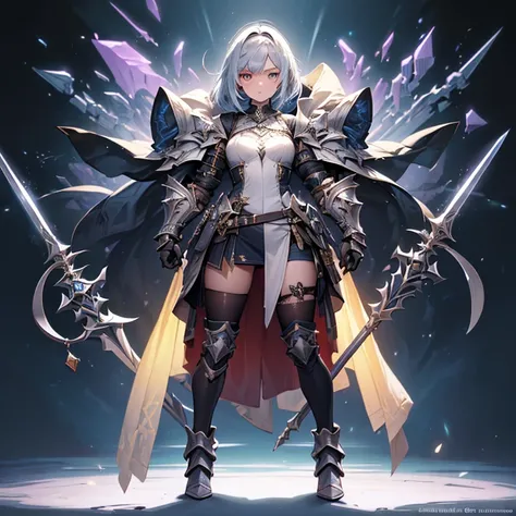 design a layout showcase gaming character, (1girl). golden+purle clothes, stylish and unique, ((showcase weapon:1.4)), magic sta...