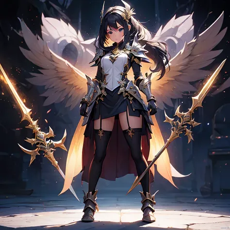 design a layout showcase gaming character, (1girl). golden+purle clothes, stylish and unique, ((showcase weapon:1.4)), magic sta...