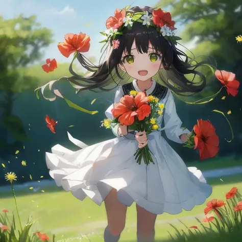 holding flowers in the hair、anime girl with dress walking in grass, with flowers, anime visuals of cute girls, anime moe art sty...