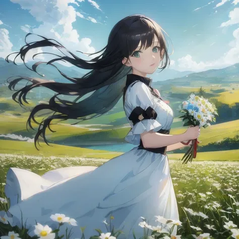 anime girl in white dress with bouquet of flowers, anime visuals of cute girls, beautiful anime, guweiz, ( ( by shinkai makoto )...