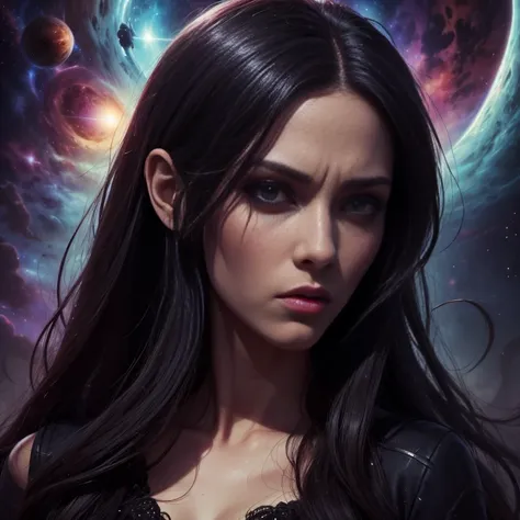 a close up of female h.p. lovecraft, cosmic madness sky, black flowing hair, eldritchtech, cosmic, dark energy, crazy face,