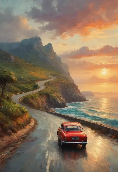 (best quality,4k,8k,high resolution,masterpiece:1.2),extremely detailed,practical,blue coastal road, winding along the coastline...