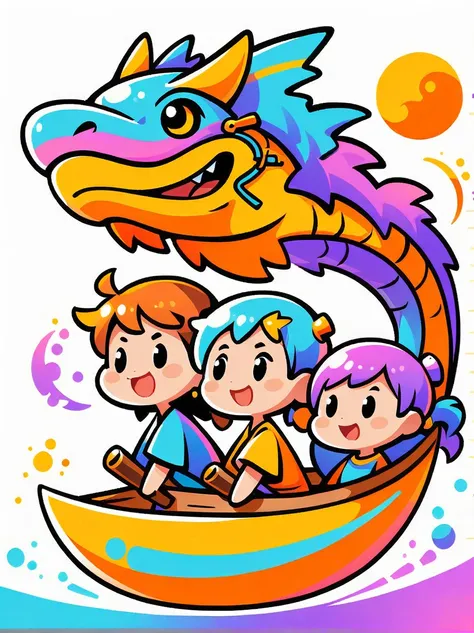 (flat, user interface vector style), heavenly colors, illustration style, three young people rowing dragon boats in an illustrat...