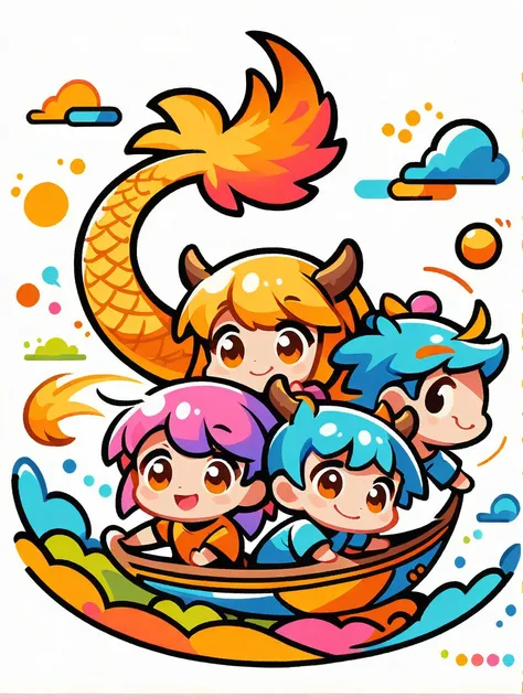 (flat, user interface vector style), heavenly colors, Illustration style, three young people rowing dragon boats in an illustration in the style of a cartoon with a white background and elements of the Dragon Boat Festival in China, Cartoon cute dragons dr...