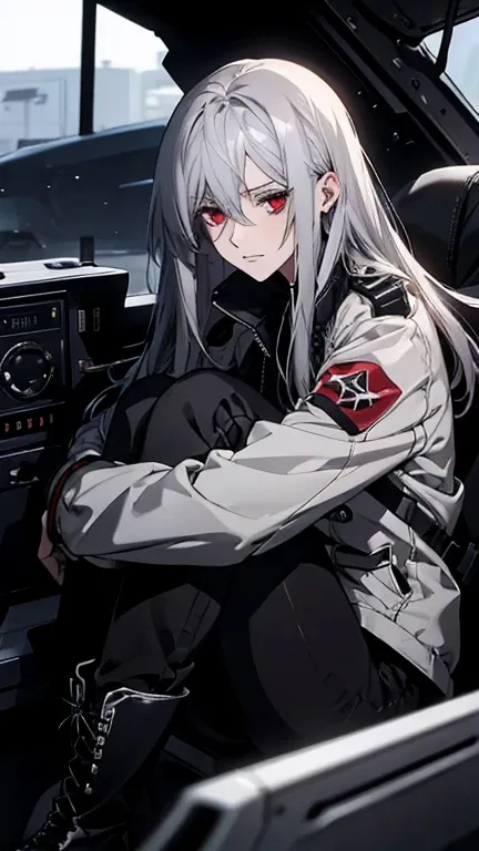 a woman with long silver hair, red eyes, wearing a black pilot jacket, skinny pants, and boots, sitting quietly with her knees hugged in a cockpit, beautiful, mature, slender, somber, melancholic