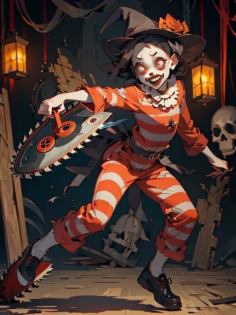 Gruesome and spooky details、An atmosphere full of suspense and tension、Psychological horror、Cute Smile、Mysterious and unsettling atmosphere、A terrifying moment、Nightmare scenario、The twisted madness of a murderer、Smiling clown、bright red nose、open outfit、S...