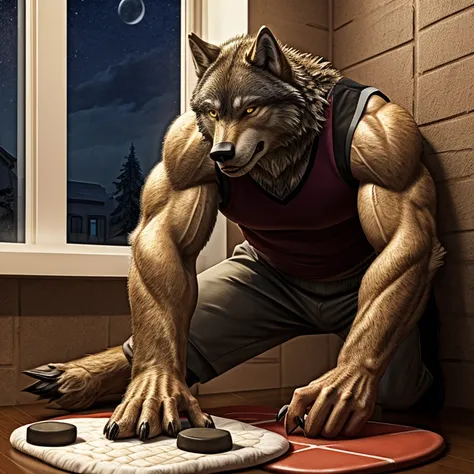 a middle-aged man，transformation，werecreature，the golden full moon outside the window，room，sports vest，musculature，realistic sty...