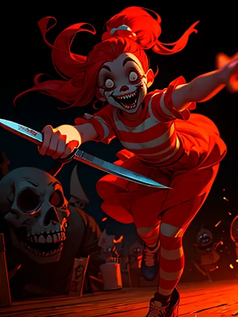 Gruesome and spooky details、An atmosphere full of suspense and tension、Psychological horror、Cute Smile、Mysterious and unsettling atmosphere、A terrifying moment、Nightmare scenario、The twisted madness of a murderer、Smiling clown、bright red nose、open outfit、S...