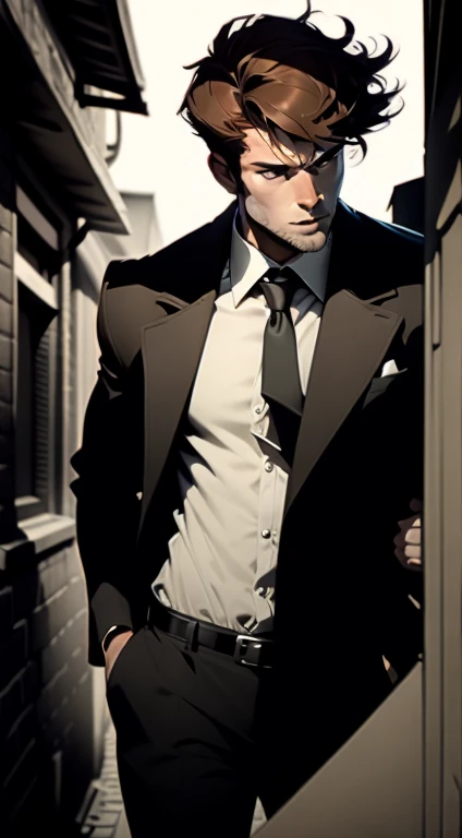  Mid 20s male detective, brown hair, detailed, toned body, simple, Noir et blanc, monochrome, white shirt and tie, gritty, unshaven, trench coat, aiming his pistol down an alleyway, dynamic camera angles