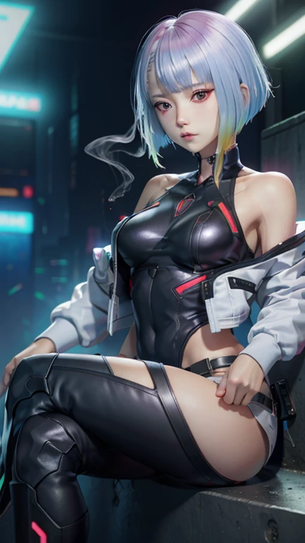 LucyEdge, 1girl, lucy (cyberpunk), smoking, solo, cigarette, cyberpunk, breasts, smoke, jacket, bangs, looking at viewer, sitting, holding, bare shoulders, short hair, holding cigarette, open clothes, off shoulder, leotard, crossed legs, cyborg, thighs, mu...