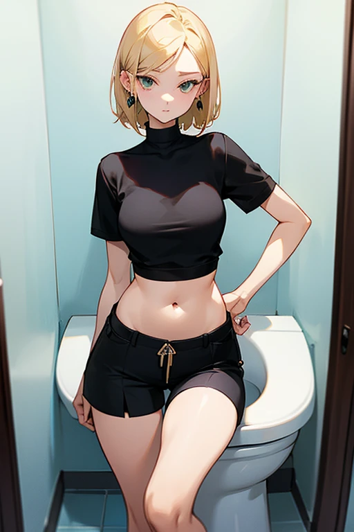 Beautiful woman、Black tops that high-necked short-sleeved knit 、Oversized loose cargo pants、Medium hair、Earrings、Blonde、slender、low length、Black innerwear、Her belly button is just a little visible、POV、Subjective、toilet、Close Contact、High-leg shorts、