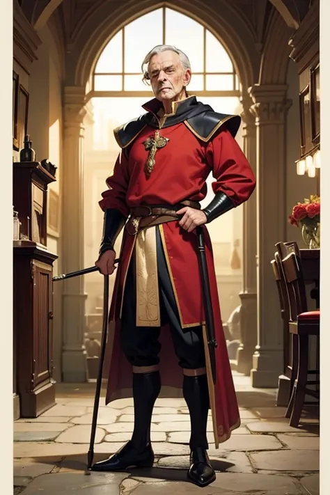 elderly man, wearing noble medieval clothing, wielding a ruby ​​and a cane, medieval theme