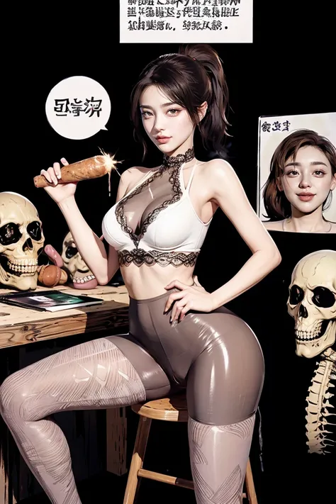 The beautiful girl in lace top and leggings is sitting astride a pile of skeletons in the center of the picture. She is holding a trembling sausage with juice squeezed out in her hand and smiling. There are multiple comic storyboards in the background，cbt,...