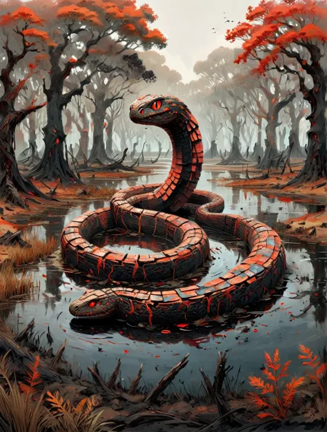 Concept Art, It is burnt, Intricate details, Desolate pond with oak trees, Anime screenshots,  Stylized, abstract expressionism,Big snake,Black Scales,Red eyes